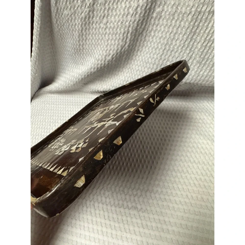 Antique Chinese Inlaid Mother of Pearl Wood Tray Tree People Figure 9.25 x 9.25